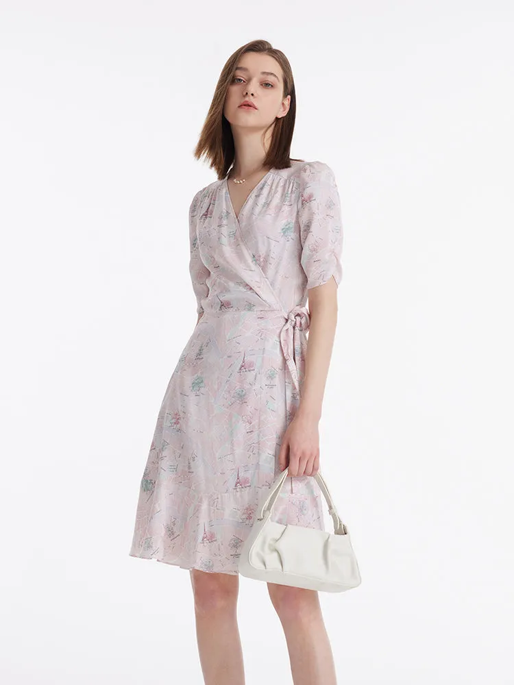 19 Momme Mulberry Silk Map Print Ruffle Wrapped Women Mini Dress sold by Goelia product image thumbnail 3