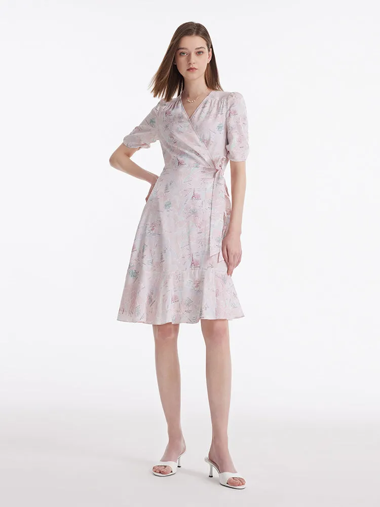 19 Momme Mulberry Silk Map Print Ruffle Wrapped Women Mini Dress sold by Goelia product image thumbnail 2