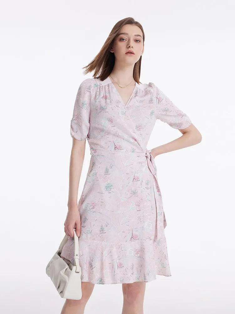 19 Momme Mulberry Silk Map Print Ruffle Wrapped Women Mini Dress sold by Goelia