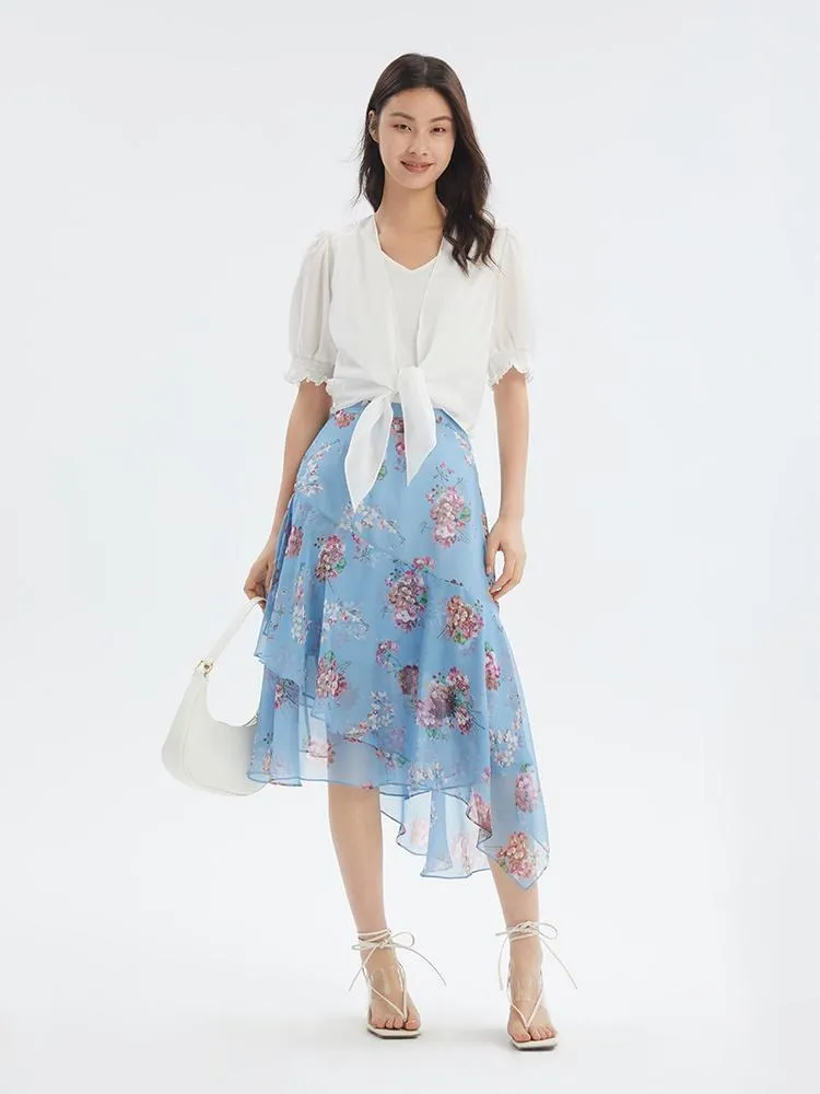 Floral Print Asymmetrical Ruffle Skirt sold by Goelia