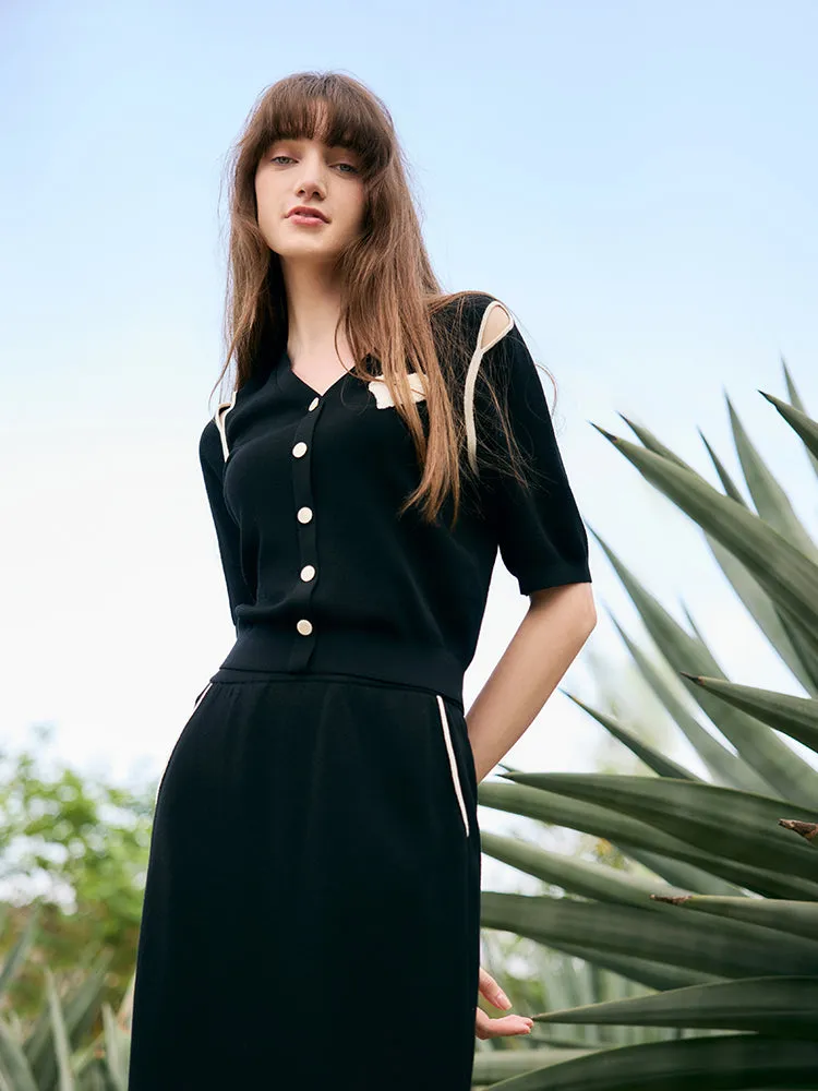 V-Neck Cut-Out Knitted Top And Half Skirt Two-Piece Set sold by Goelia