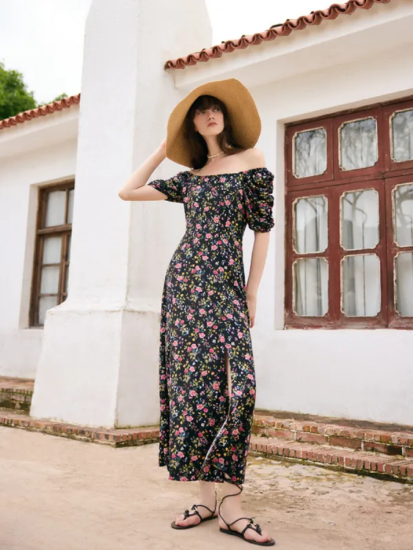 Mulberry Silk Rose Print Women Maxi Dress sold by Goelia