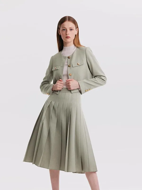 College Style Short Jacket And Pleated Long Skirt Two-Piece Set sold by Goelia