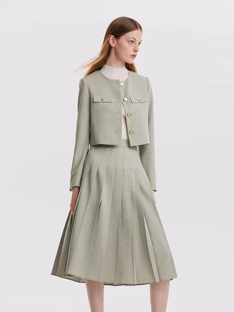 College Style Short Jacket And Pleated Long Skirt Two-Piece