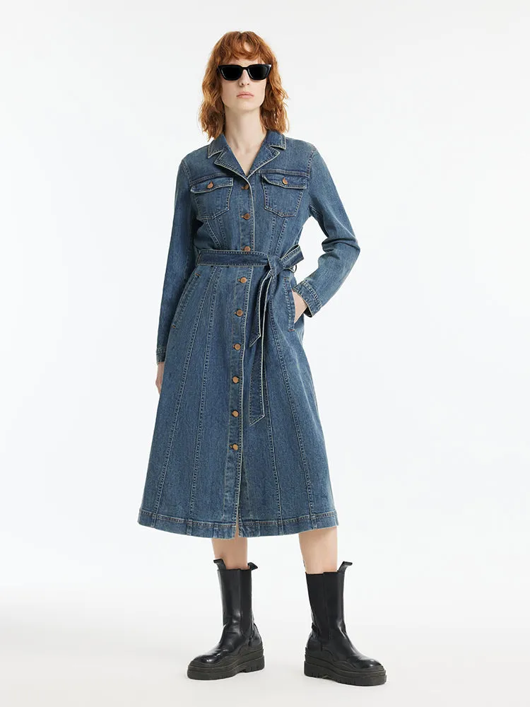 Denim Lapel Single-Breasted Women Midi Dress With Belt sold by Goelia product image thumbnail 2