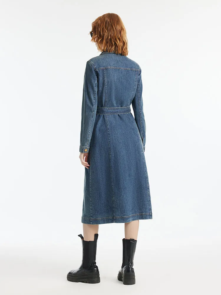 Denim Lapel Single-Breasted Women Midi Dress With Belt sold by Goelia product image thumbnail 4