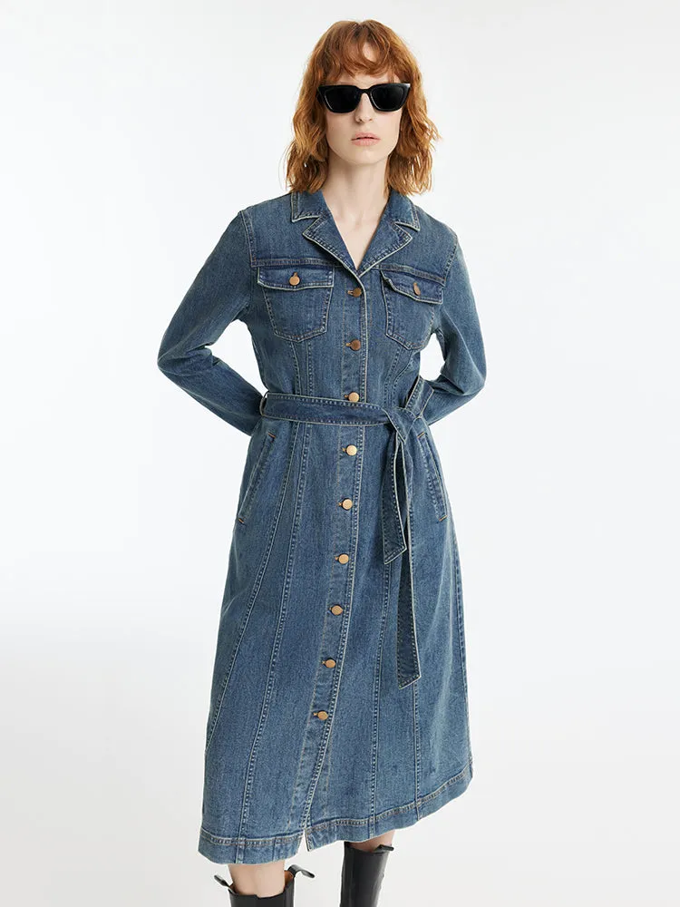Denim Lapel Single-Breasted Women Midi Dress With Belt sold by Goelia