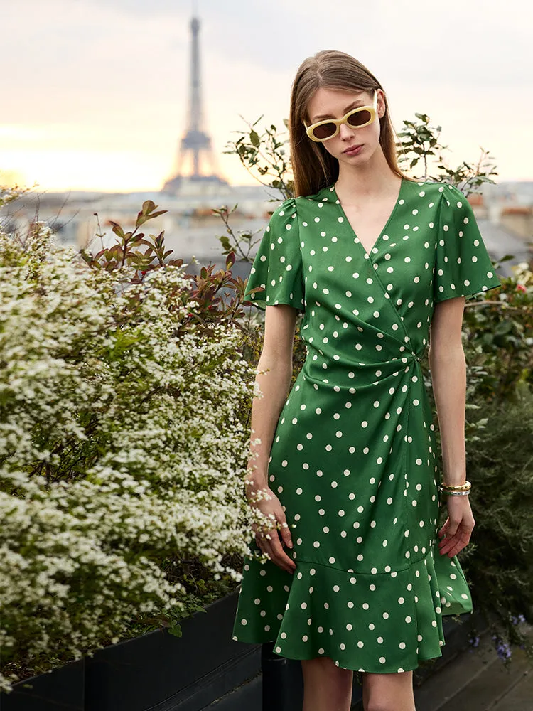 19 Momme Mulberry Silk Polka Dots Print Ruffle Women Mini Dress With Scrunchie sold by Goelia product image thumbnail 2