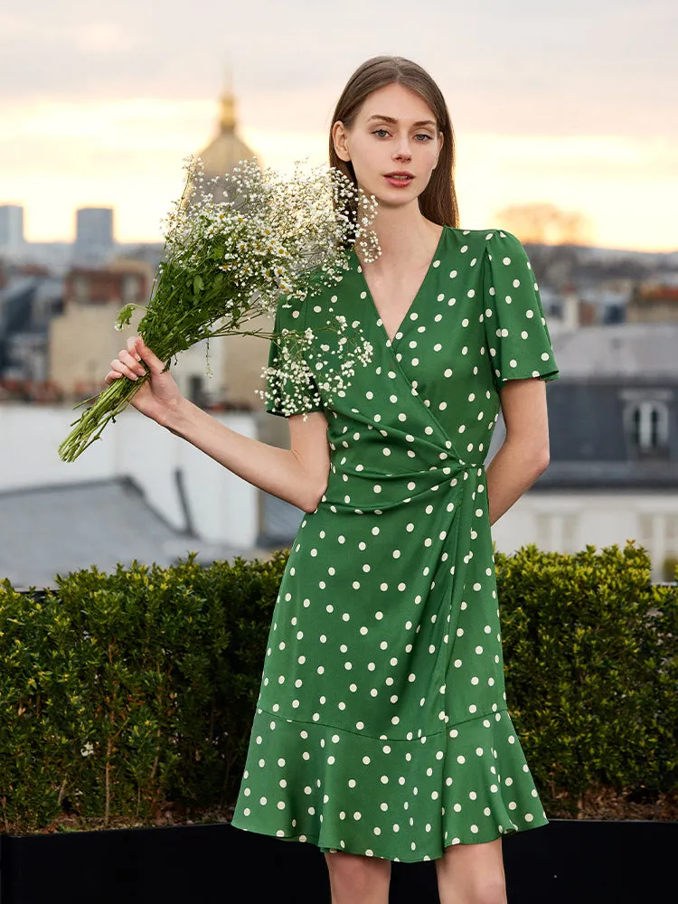 19 Momme Mulberry Silk Polka Dots Print Ruffle Women Mini Dress With Scrunchie sold by Goelia