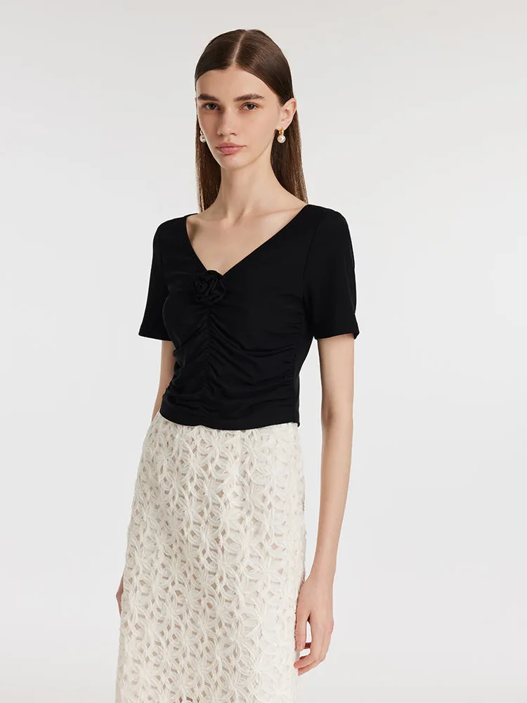 Ruched Women Knitted Top With Detachable 3D Rose sold by Goelia