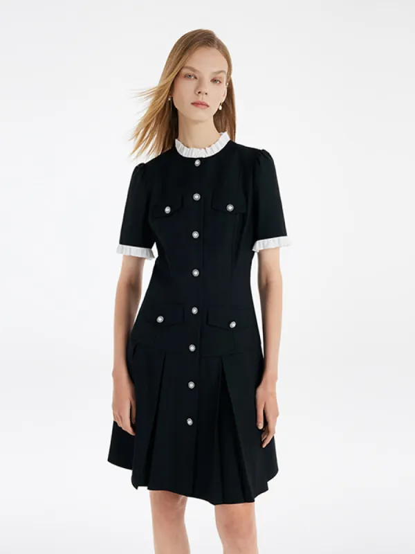 Ruffle Trim Pearl Buttons Women Mini Dress sold by Goelia