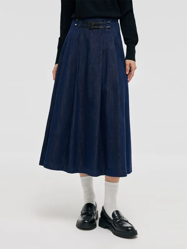 Denim Pleated Women Half Skirt sold by Goelia