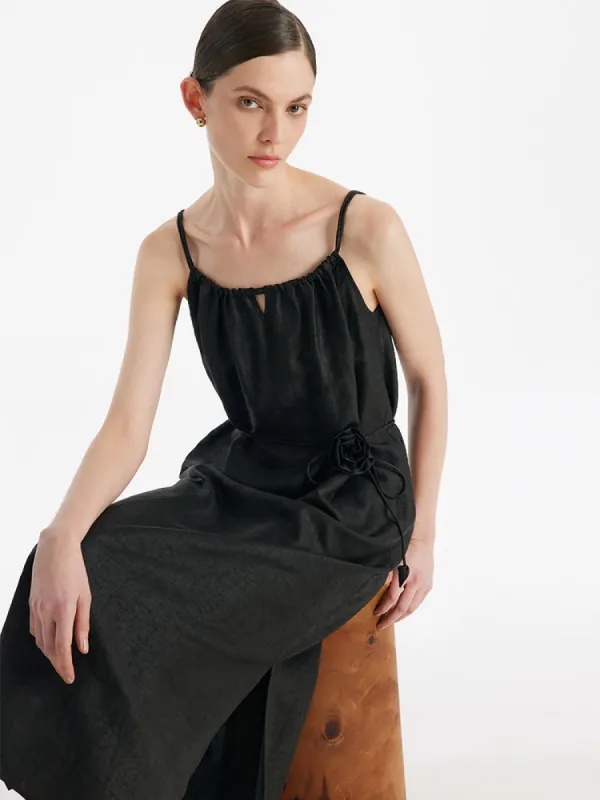 18 Momme Xiang Yun Silk Women Spaghetti Strap Maxi Dress With 3D Rose Belt sold by Goelia
