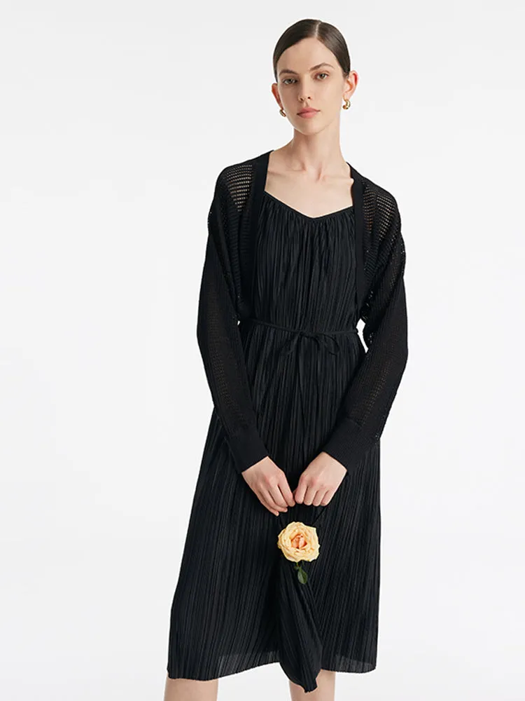 Pleated Spaghetti Strap Midi Dress And Knitted Openwork Cardigan Two-Piece Set sold by Goelia