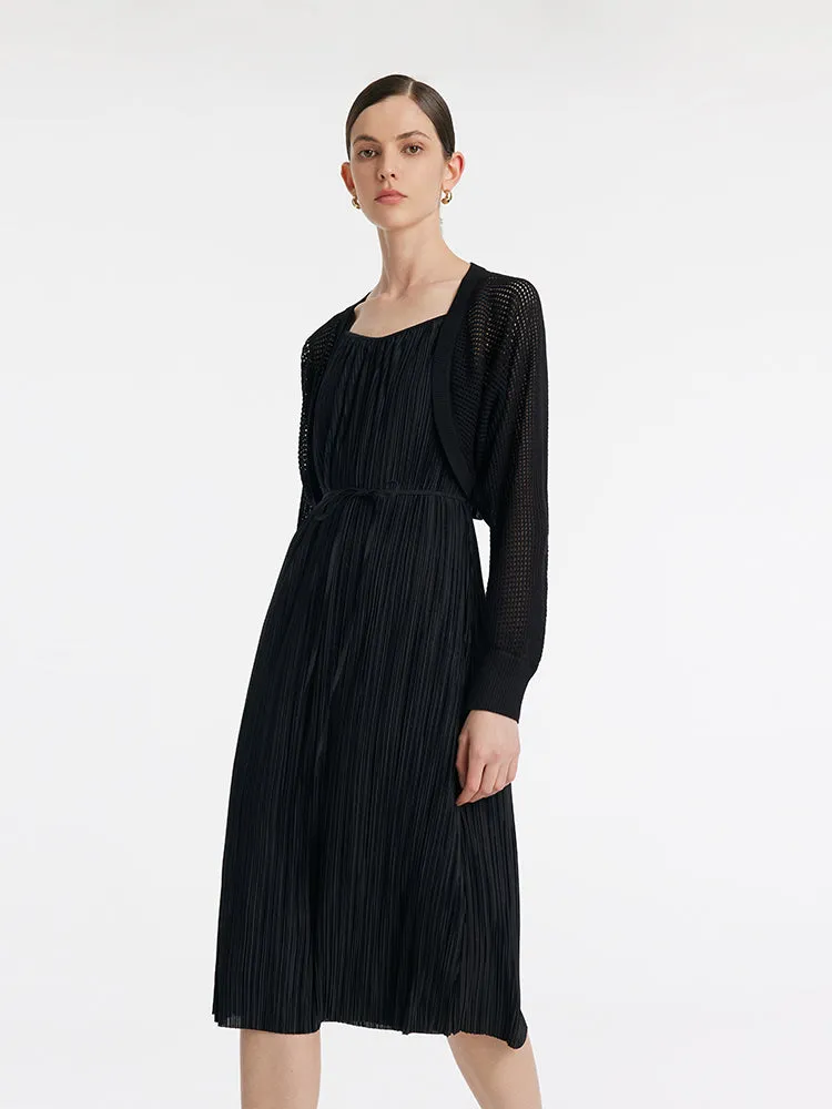 Pleated Spaghetti Strap Midi Dress And Knitted Openwork Cardigan Two-Piece Set sold by Goelia product image thumbnail 3