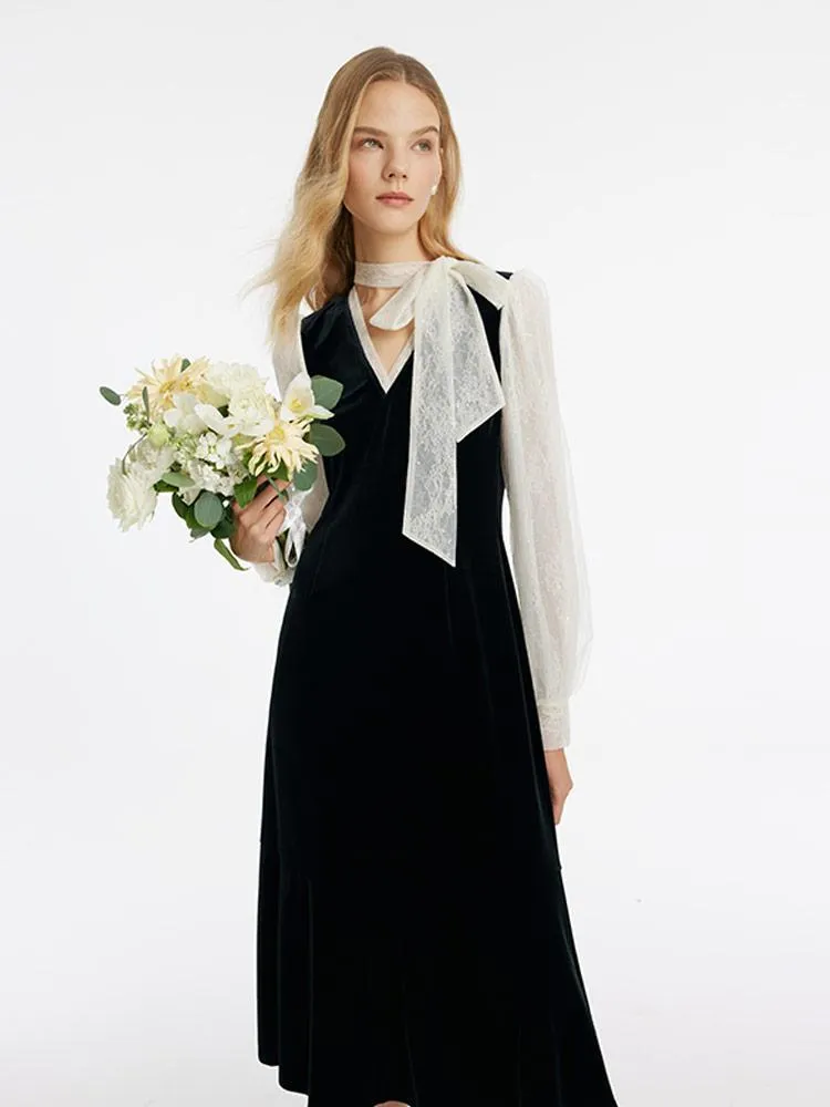 Lace Patchwork Velvet Women Midi Dress sold by Goelia