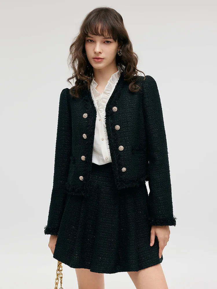 Tweed Fringe V-Neck Women Crop Jacket sold by Goelia