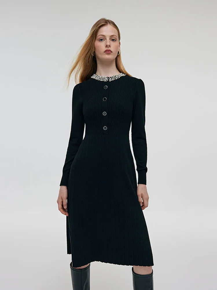 Wool Blend Beaded Neck Women Midi Dress sold by Goelia product image thumbnail 2