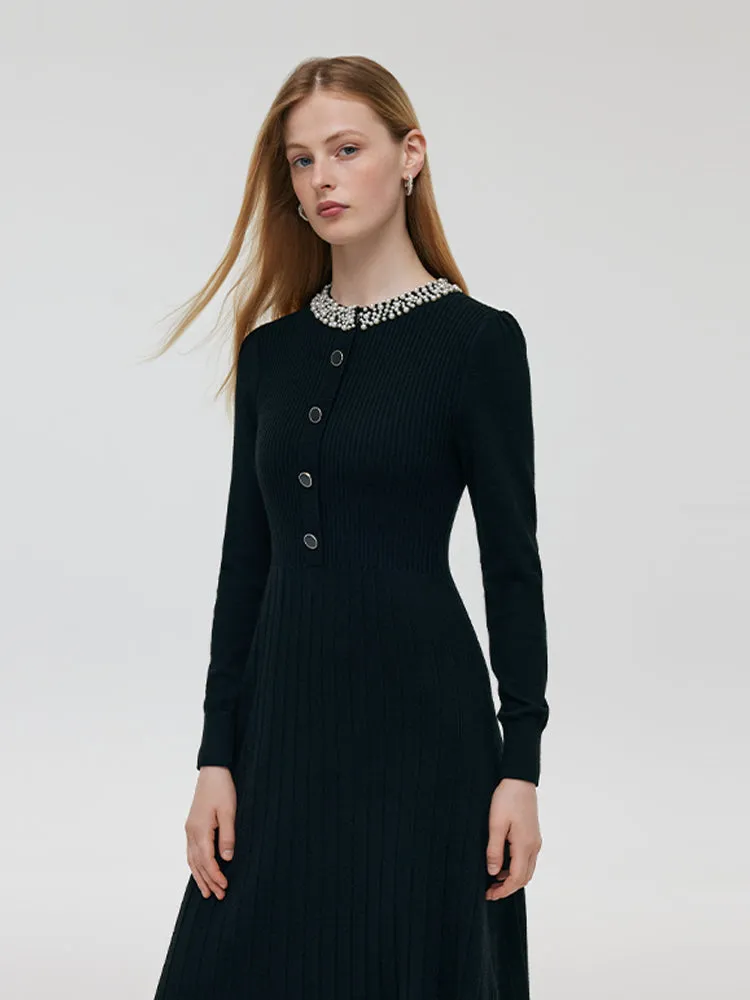 Wool Blend Beaded Neck Women Midi Dress sold by Goelia product image thumbnail 4