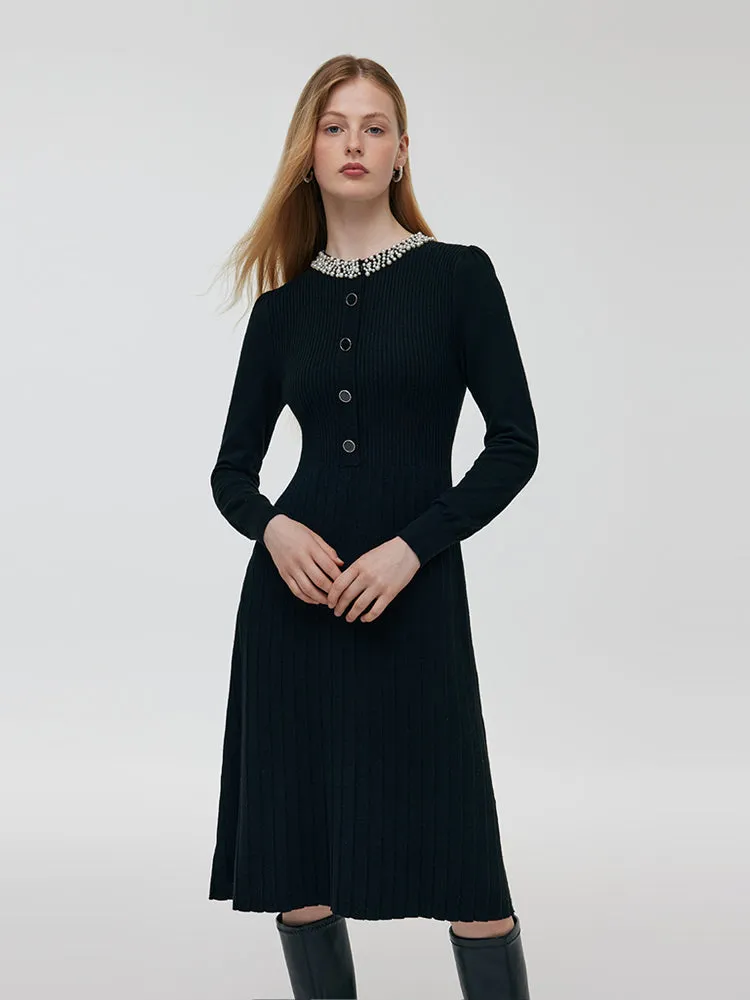 Wool Blend Beaded Neck Women Midi Dress sold by Goelia