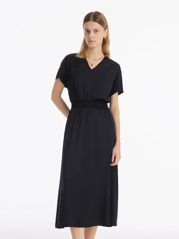 22 Momme Mulberry Silk Gathered Waist Women Midi Dress sold by Goelia