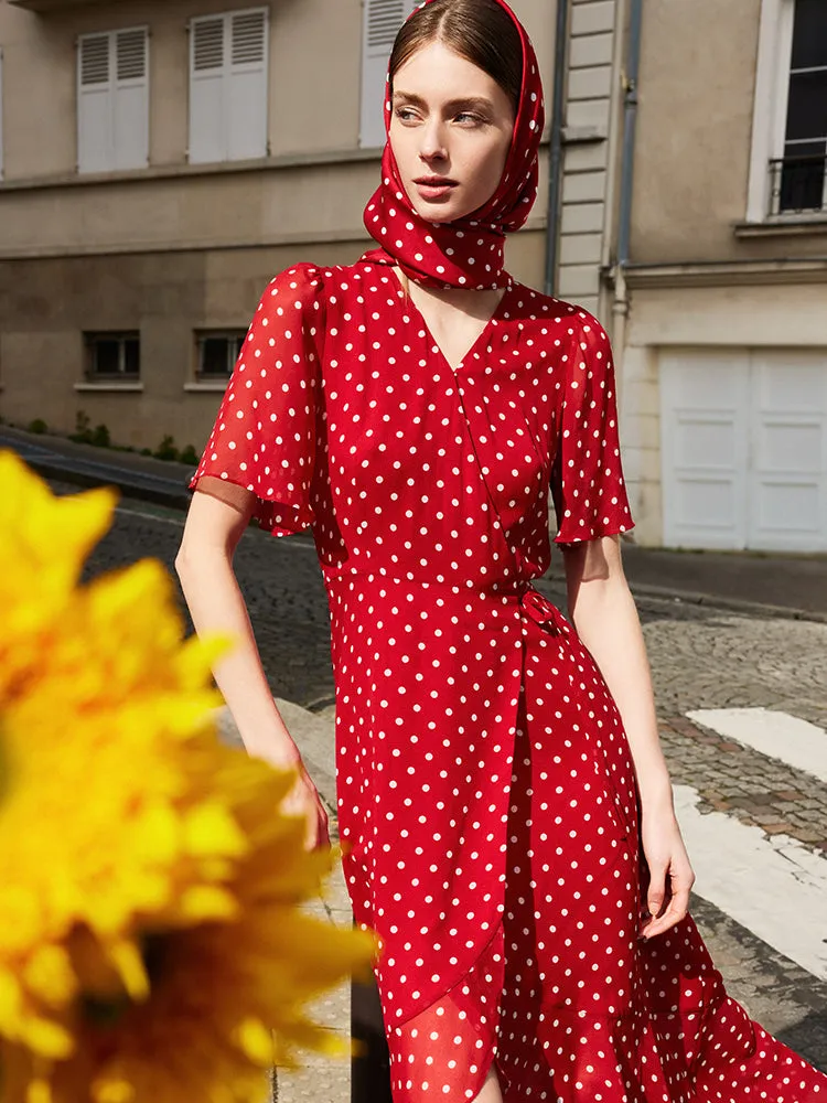 10 Momme Mulberry Silk Polka Dots Print Wrapped Ruffle Women Midi Dress sold by Goelia product image thumbnail 4