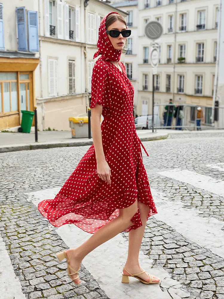 10 Momme Mulberry Silk Polka Dots Print Wrapped Ruffle Women Midi Dress sold by Goelia product image thumbnail 3