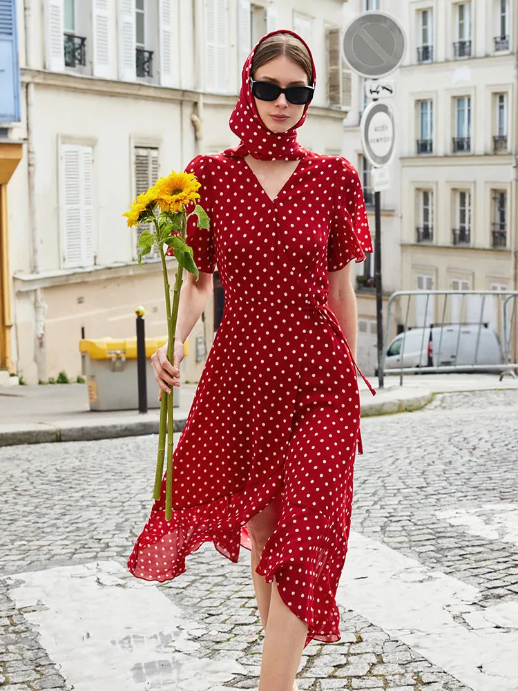 10 Momme Mulberry Silk Polka Dots Print Wrapped Ruffle Women Midi Dress sold by Goelia