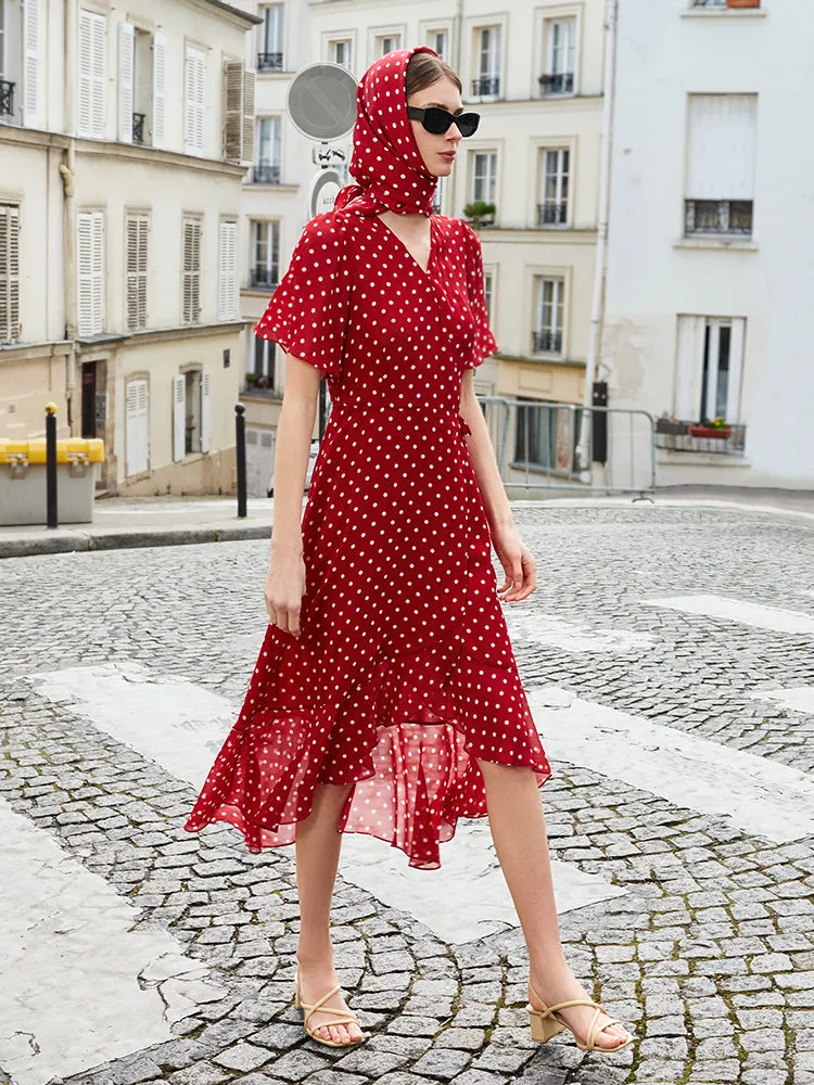 10 Momme Mulberry Silk Polka Dots Print Wrapped Ruffle Women Midi Dress sold by Goelia product image thumbnail 2