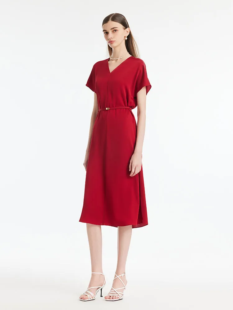 22 Momme Mulberry Silk V-Neck Women Midi Dress With Leather Belt sold by Goelia product image thumbnail 3
