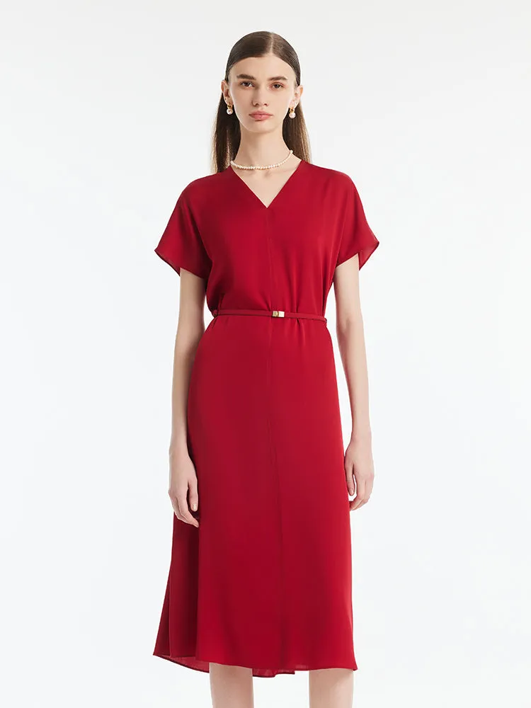 22 Momme Mulberry Silk V-Neck Women Midi Dress With Leather Belt sold by Goelia