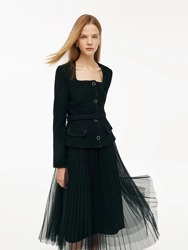 Wool Crop Jacket And Tulle Skirt Two-Piece Set With Belt sold by Goelia product image thumbnail 4