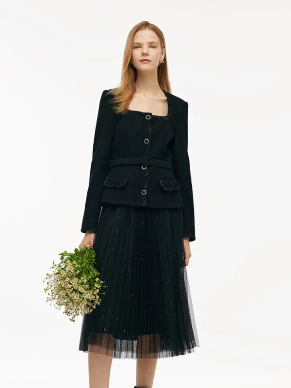 Wool Crop Jacket And Tulle Skirt Two-Piece Set With Belt sold by Goelia