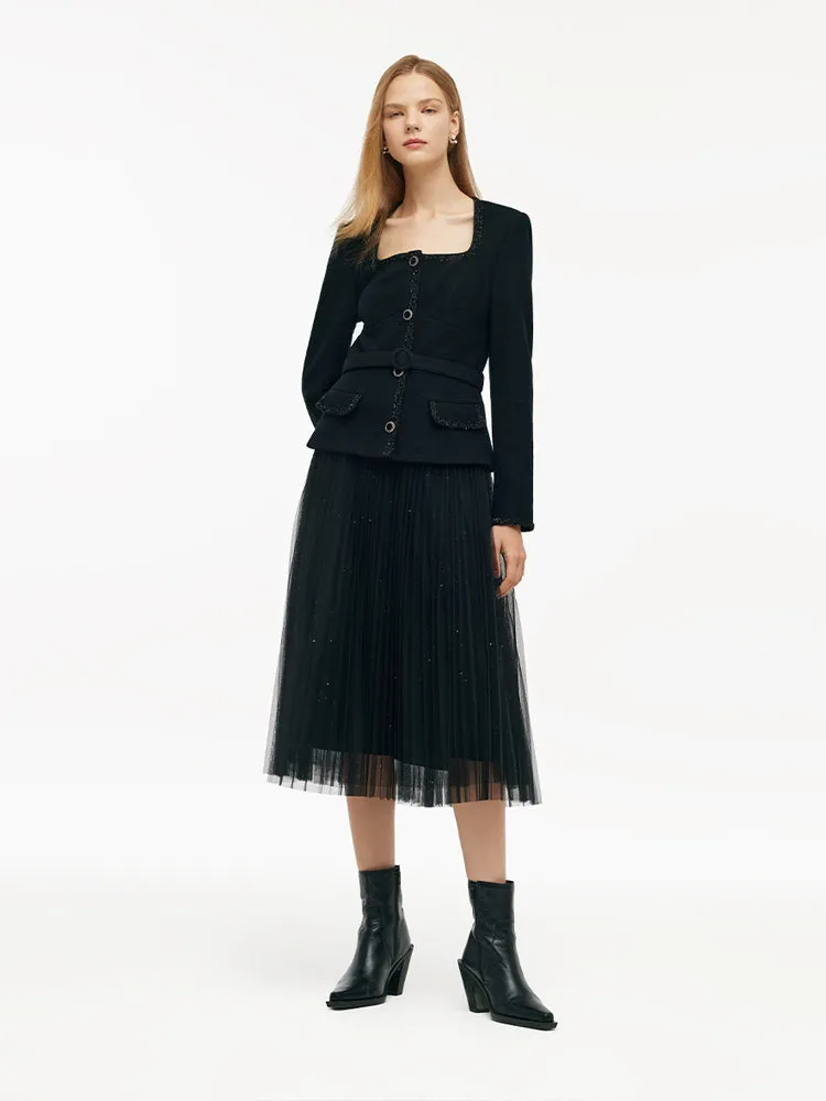 Wool Crop Jacket And Tulle Skirt Two-Piece Set With Belt sold by Goelia product image thumbnail 2