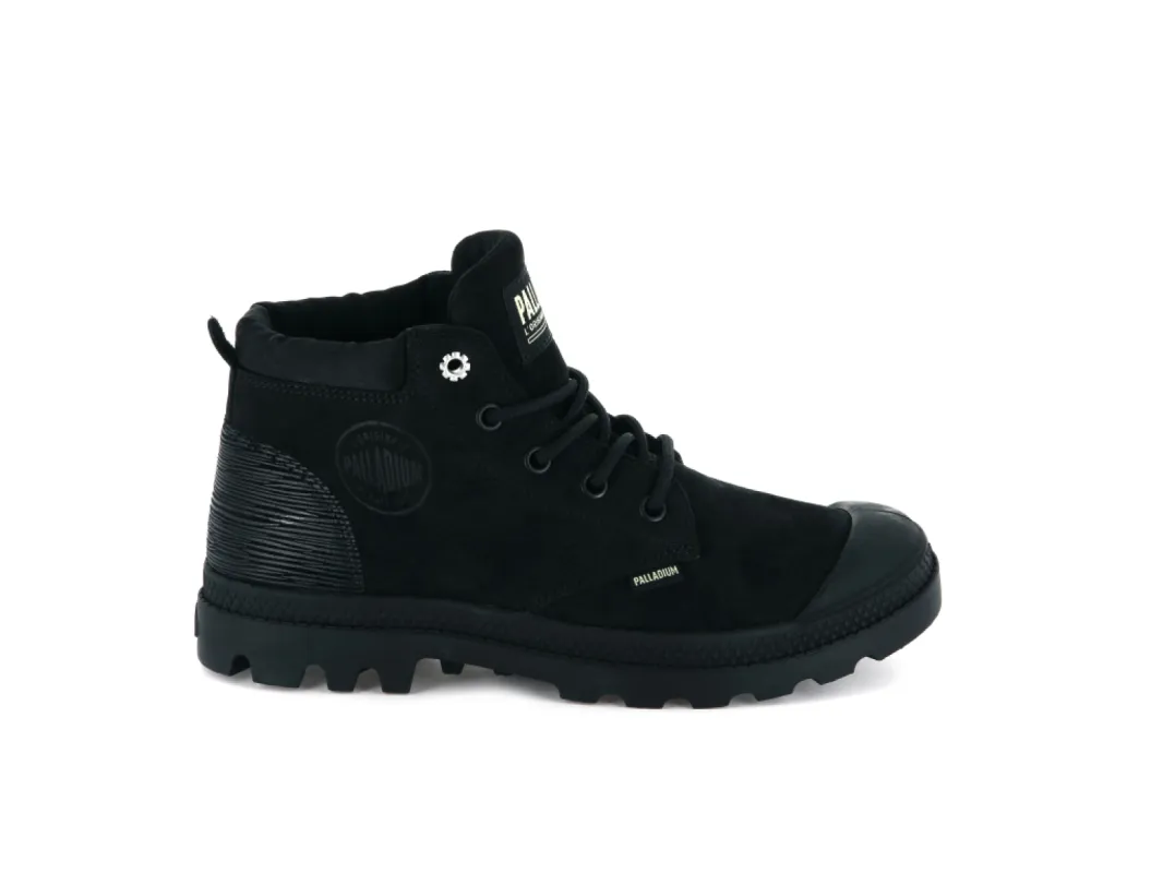 95561-035-M | WOMENS PAMPA LO CUFF LEATHER | BLACK/GREEN SHEEN made by Palladium Boots