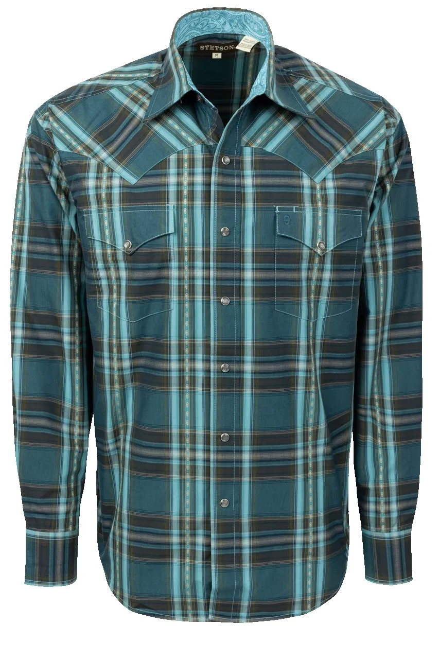 Stetson Men's Classic Plaid Snap Front Shirt - Blue/Green sold by Pinto Ranch