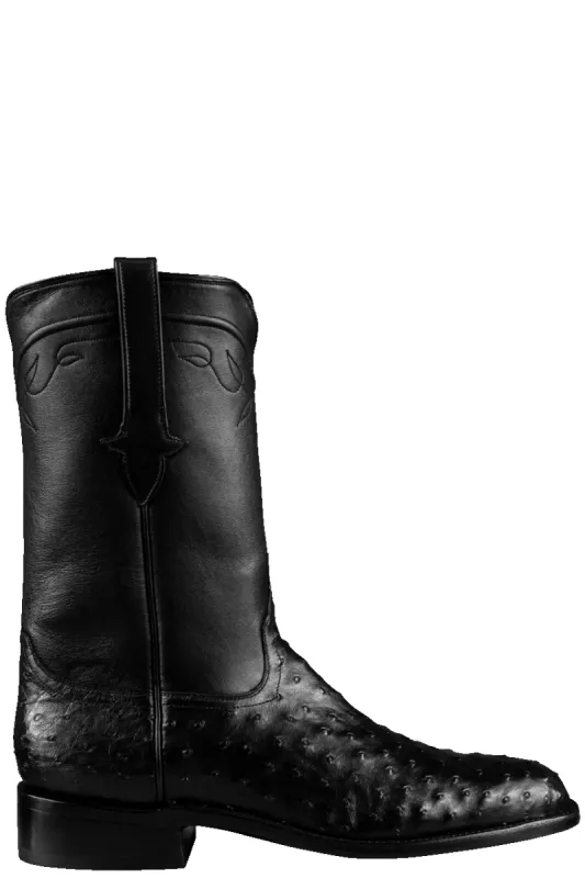 Stallion Full Quill Ostrich Roper Boots - Black sold by Pinto Ranch