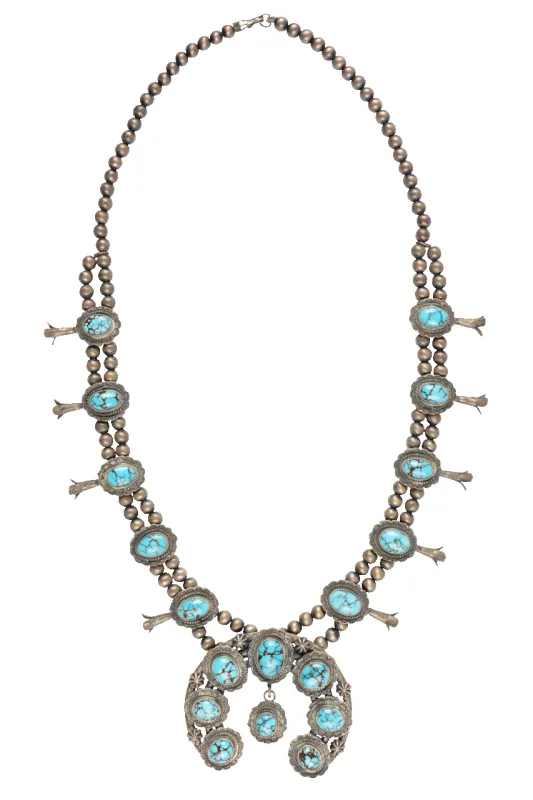 Kingman Turquoise Squash Blossom Necklace sold by Pinto Ranch
