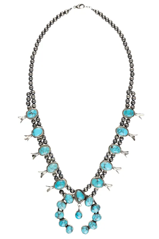 Turquoise & Navajo Pearl Squash Blossom Necklace sold by Pinto Ranch