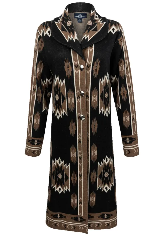 Time of the West Southwestern Sweater Coat - Black & Brown sold by Pinto Ranch