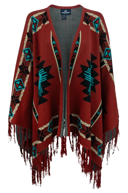 Time of the West Aztec Print Cape - Red sold by Pinto Ranch