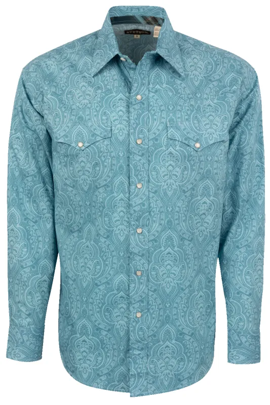 Stetson Men's Paisley Snap Front Shirt - Aquamarine sold by Pinto Ranch