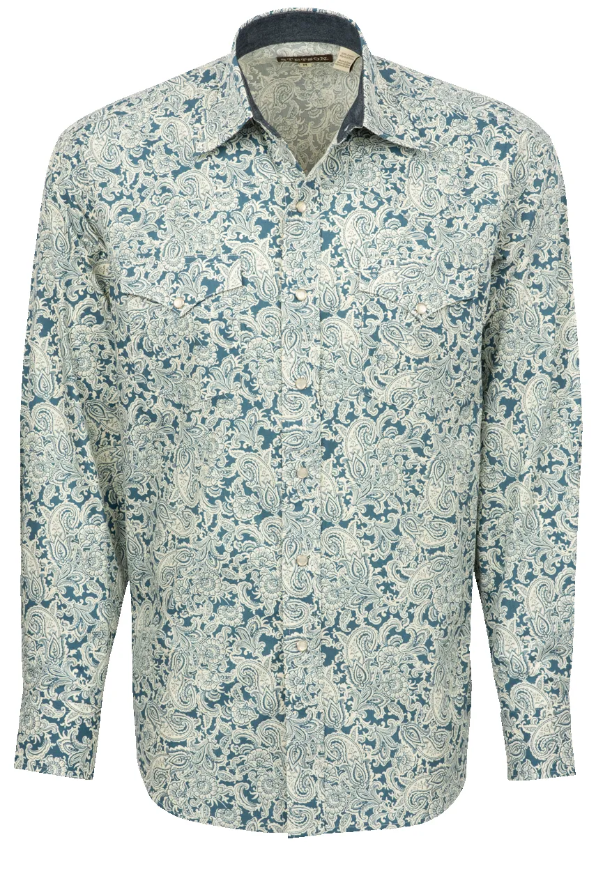 Stetson Men's Tonal Paisley Snap Front Shirt - Blue sold by Pinto Ranch