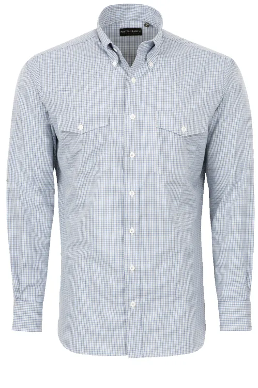 Pinto Ranch YY Collection Button-Front Shirt - Blue Check Poplin made by Pinto Ranch