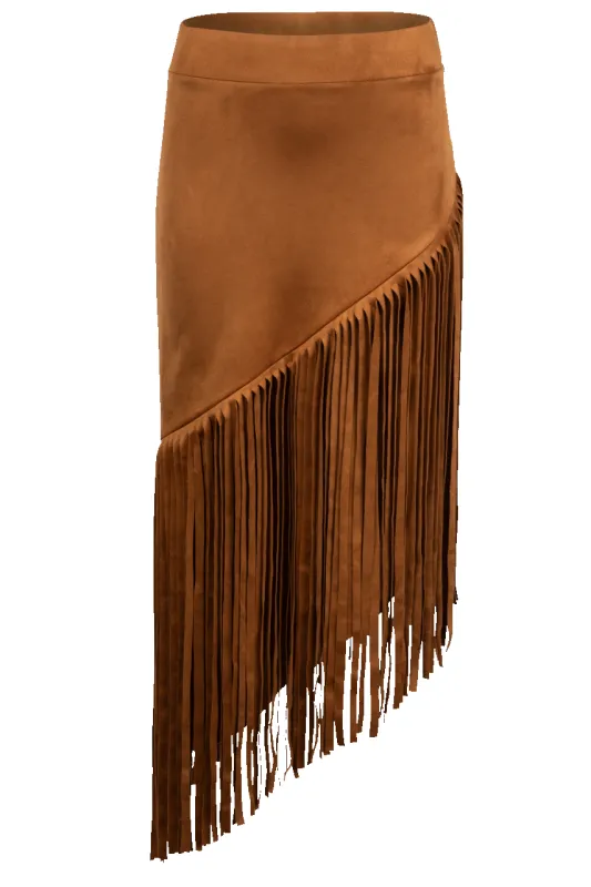 W.A.Y. Cognac Fringe Midi Skirt sold by Pinto Ranch