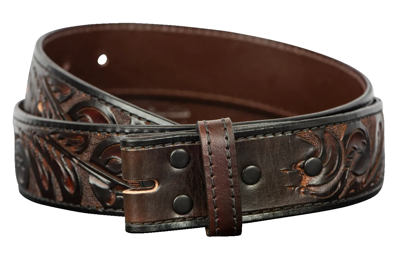 Chacon 1.5" Western Tooled Straight Belt Strap - Brown sold by Pinto Ranch