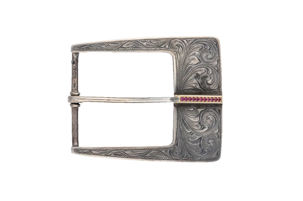 Clint Orms 1.5" Gold & Ruby Single Belt Buckle sold by Pinto Ranch