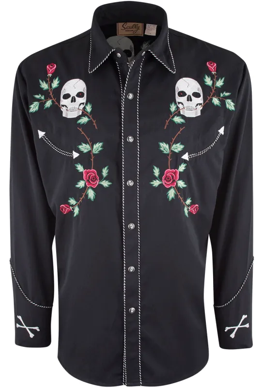 Scully Skull & Roses Snap Front Shirt - Black sold by Pinto Ranch