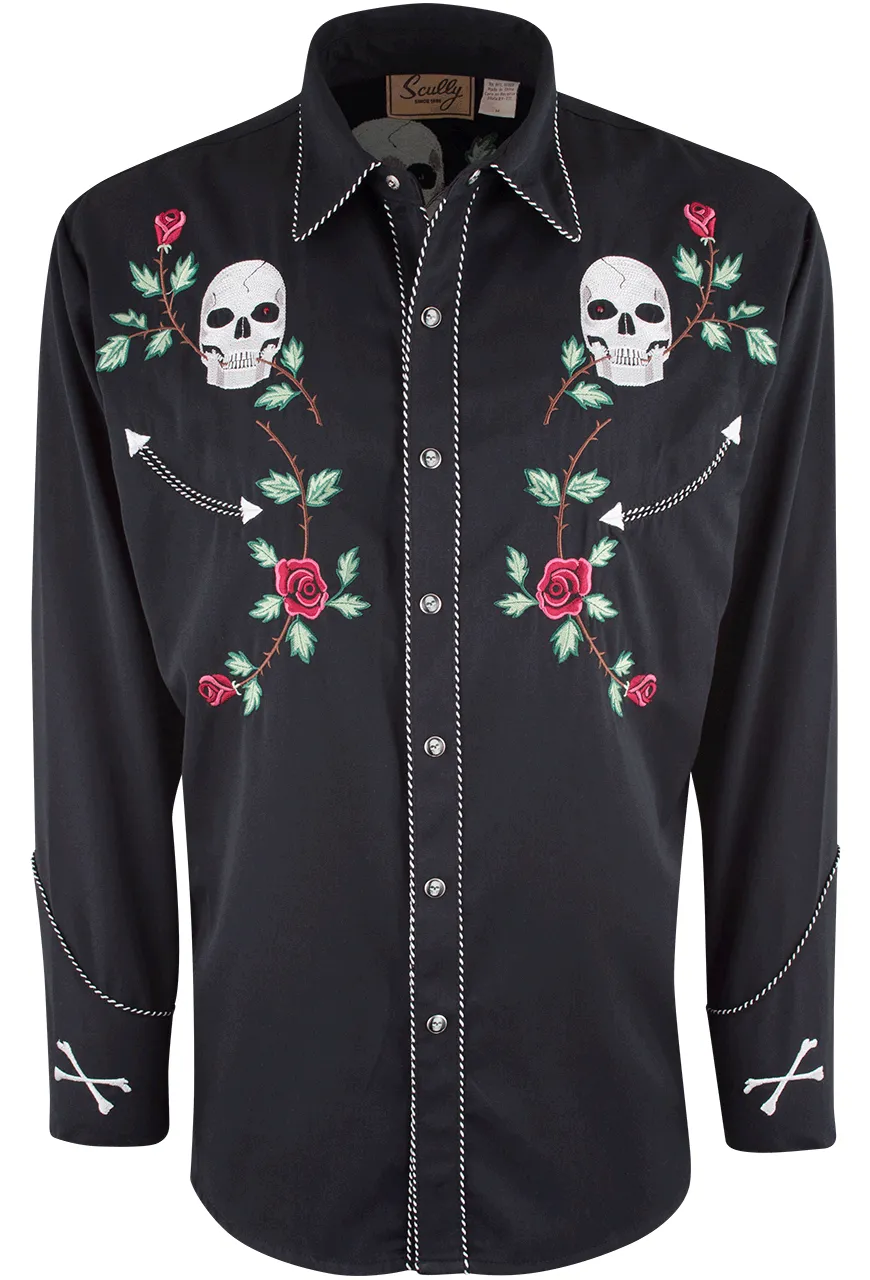 Scully Skull & Roses Snap Front Shirt - Black sold by Pinto Ranch
