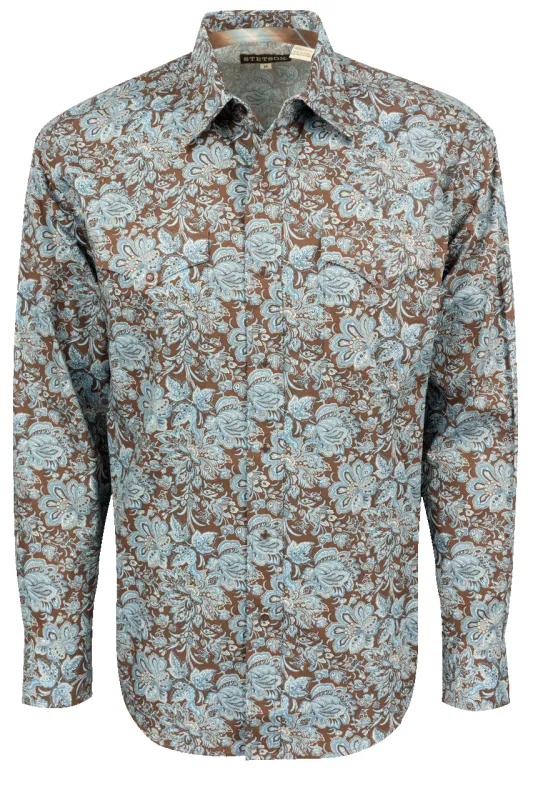 Stetson Men's Paisley Snap Front Shirt - Brown and Blue sold by Pinto Ranch